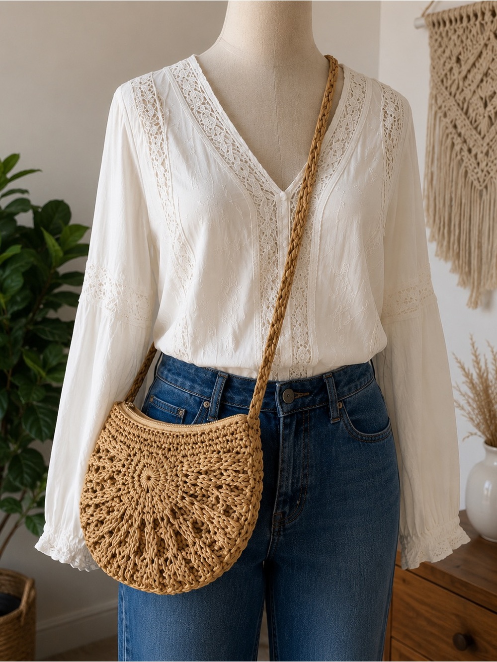 Woven Straw Crossbody Bag Tan Boho Floral Design Zipper 9โ x 7โ E3